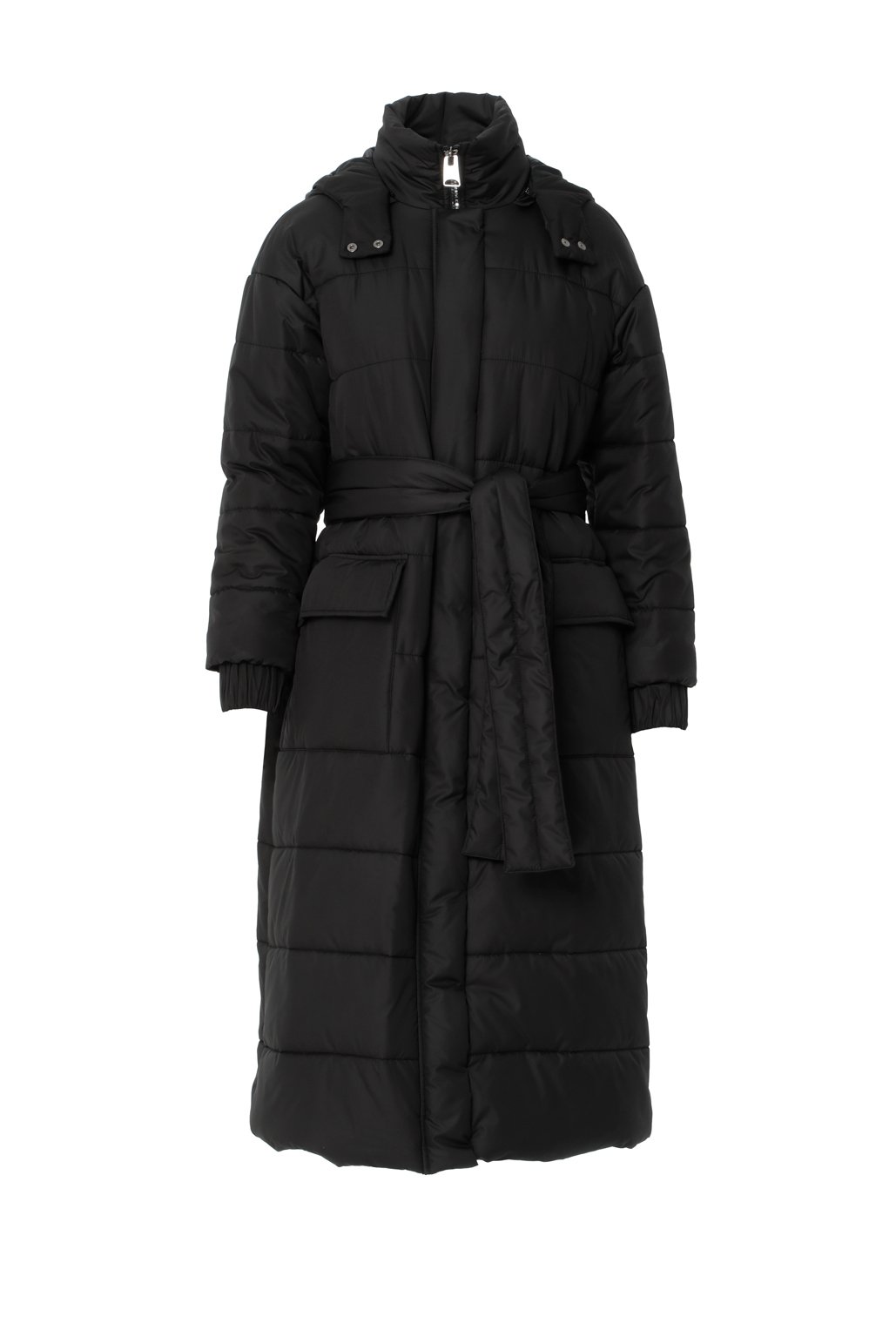 With Hood And Pocket Detail Long Black Inflatable Coat