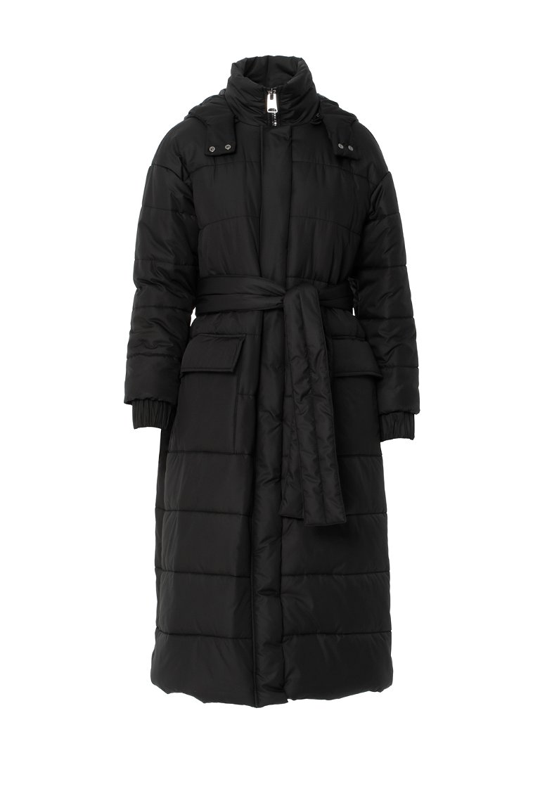 GIZIA - With Hood And Pocket Detail Long Black Inflatable Coat