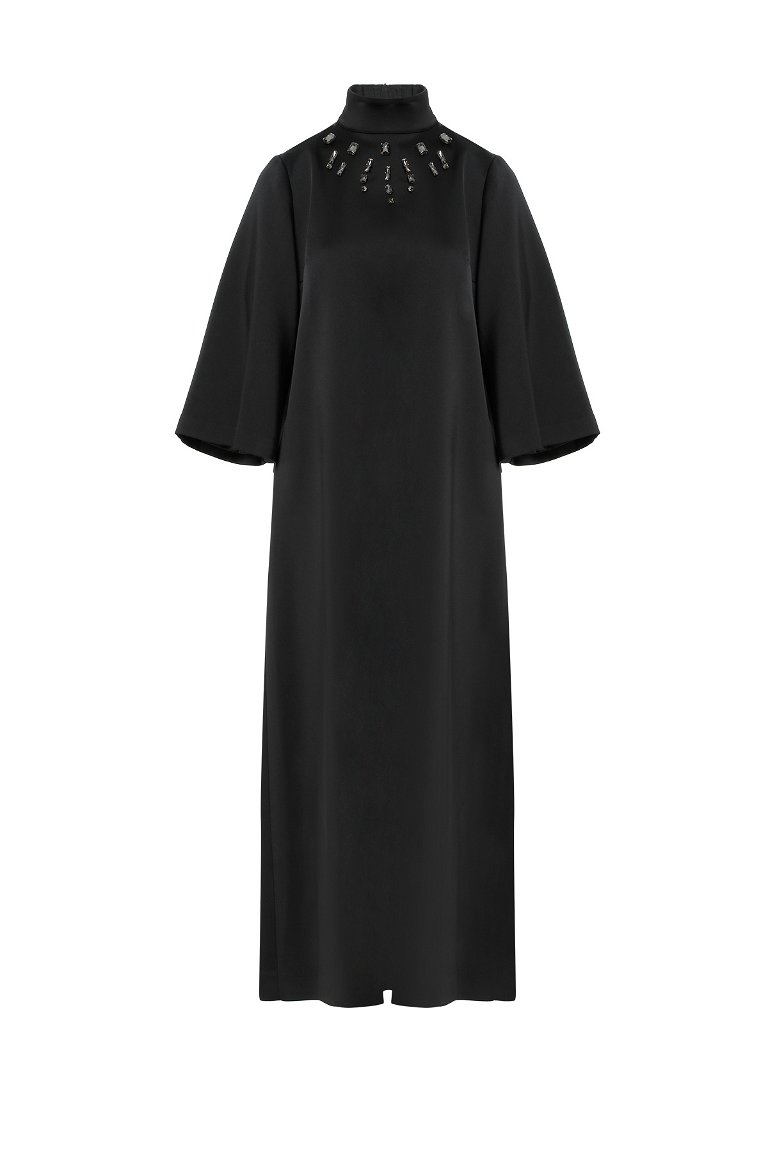 KIWE - İşlemeli Siyah Uzun Elbise