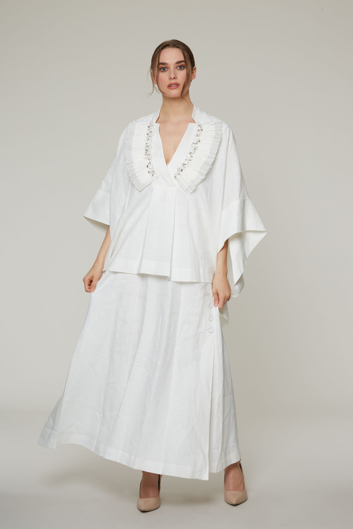 Embroidery And Ruffle Detailed, Bat Sleeve Layered Long Dress
