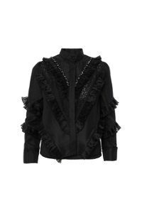 GIZIA - Stand-Up Collar Black Shirt With Lace And Organza Pleat Detail