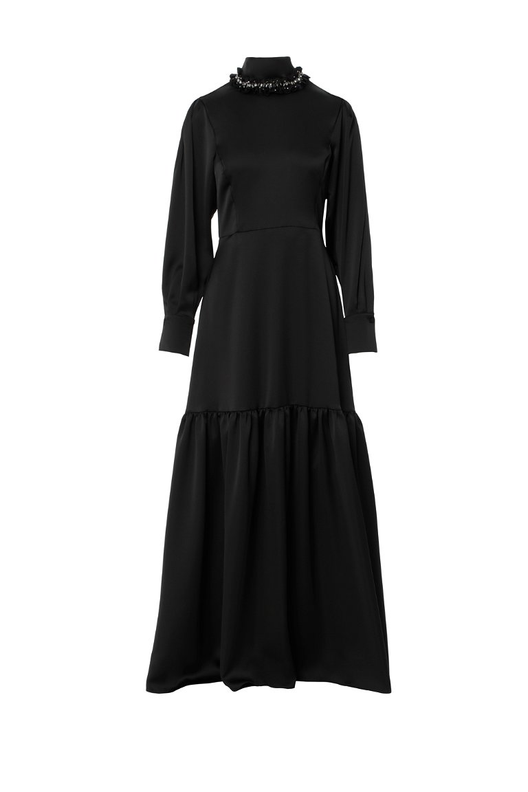 GIZIA - Embroidered Flowy Long Black Dress