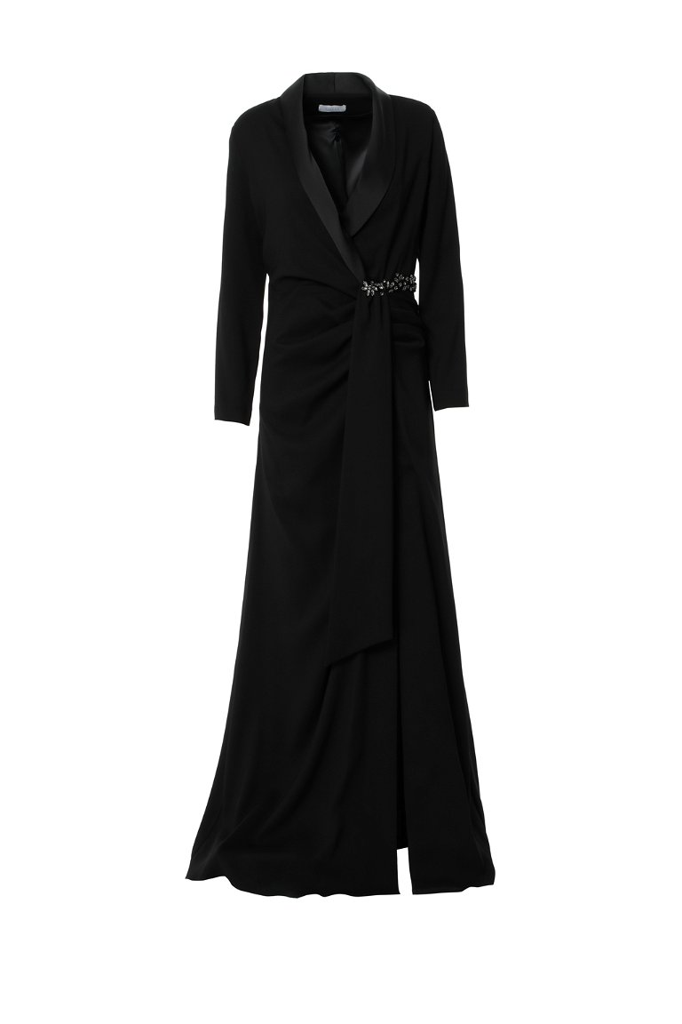 GIZIA - Draped Detailed Embroidered Long Black Dress