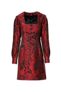 KIWE - Heart Collar Rose Detailed Red Jacquard Mini Dress