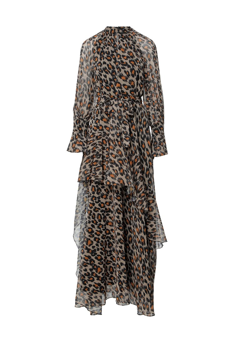 KIWE - Leopar Desenli Kahverengi Şifon Fırfırlı Uzun Elbise