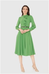 KIWE - Plain Flounced Midi Dress with Leather Belt in Green