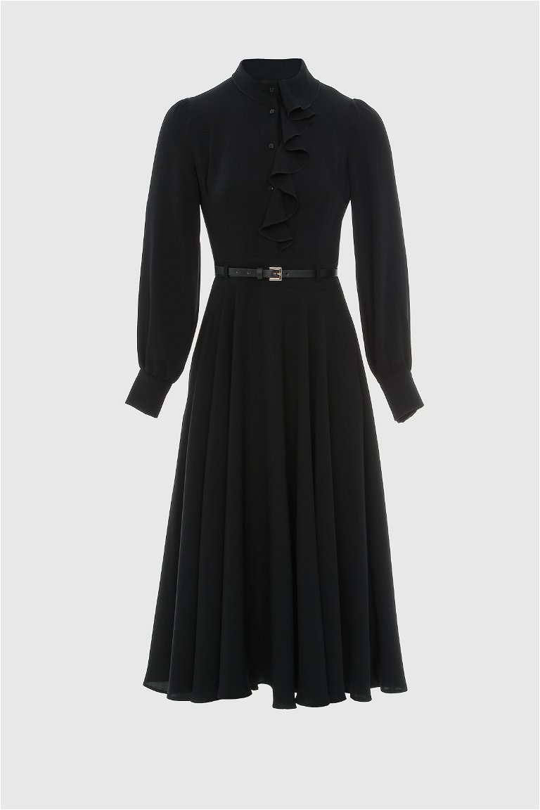 KIWE - Düz Volanlı Deri Kemerli Midi Siyah Elbise