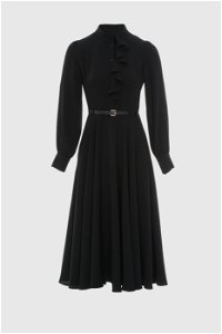 KIWE - Düz Volanlı Deri Kemerli Midi Siyah Elbise