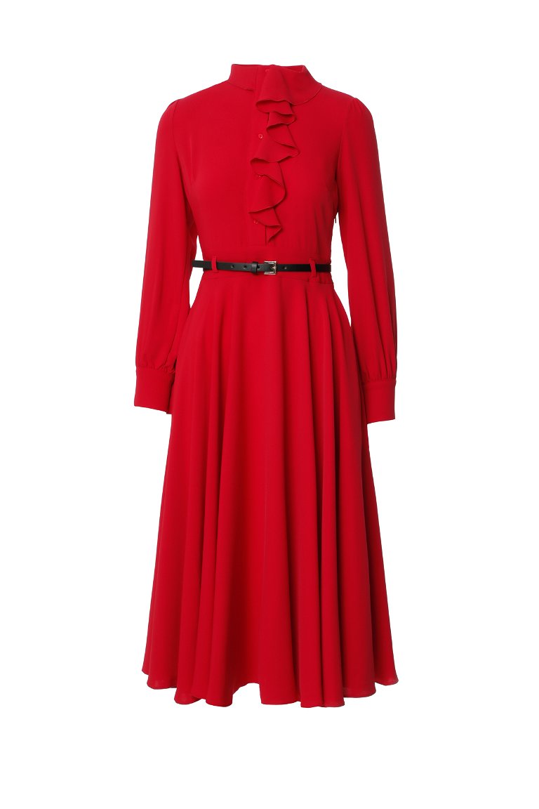 KIWE - Düz Volanlı Deri Kemerli Midi Kırmızı Elbise
