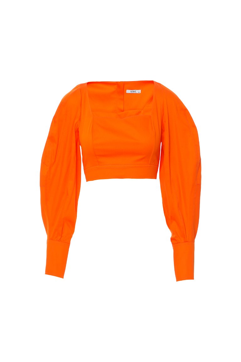 KIWE - Crop Orange Blouse With Balloon Sleeves Heart Collar Detail