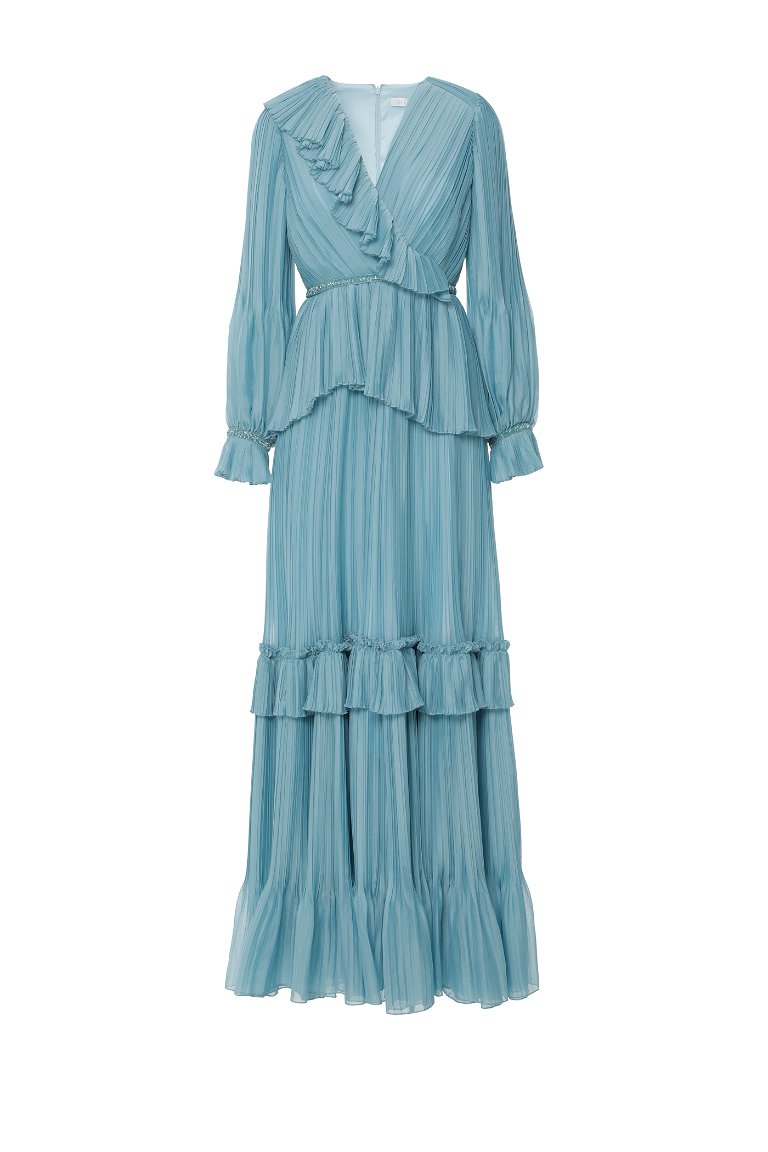 GIZIA - Long Blue Dress with Pleated V-Neck