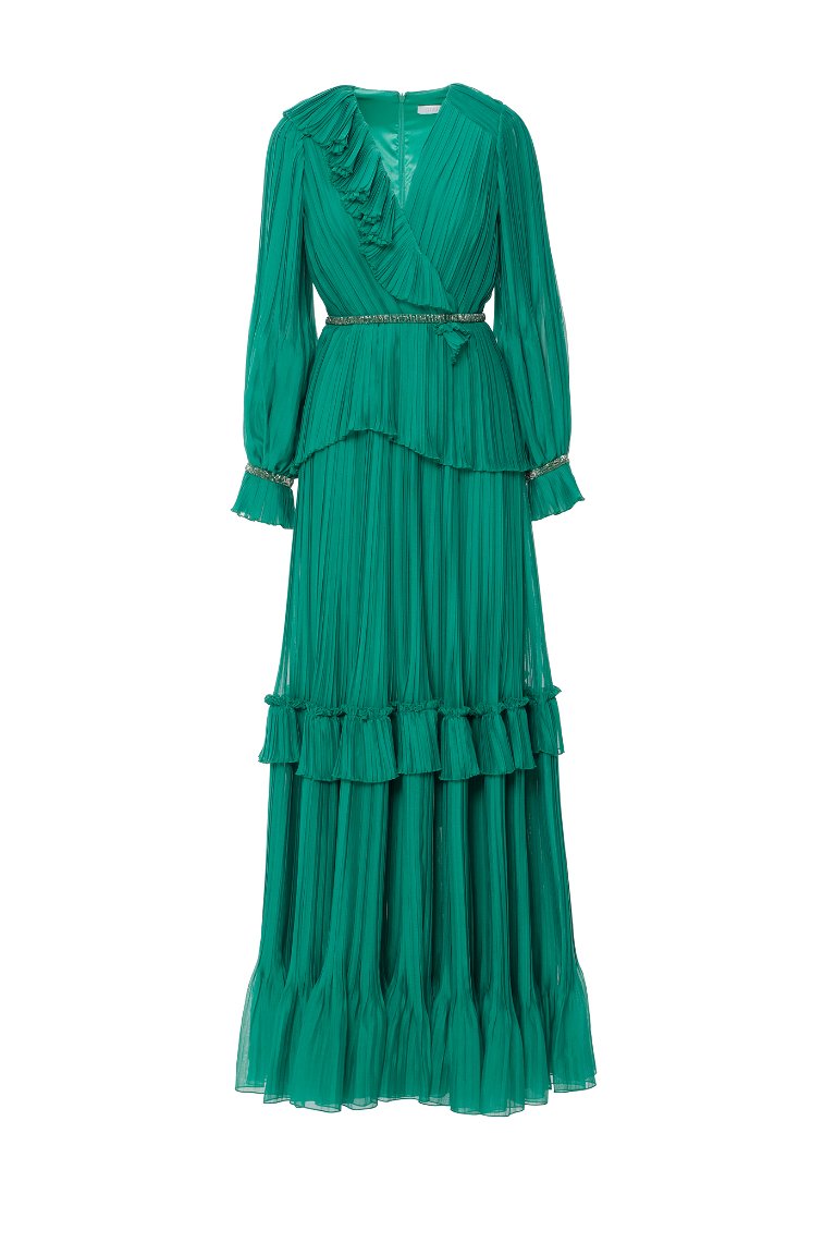GIZIA - Long Green Dress with Pleated V-Neck