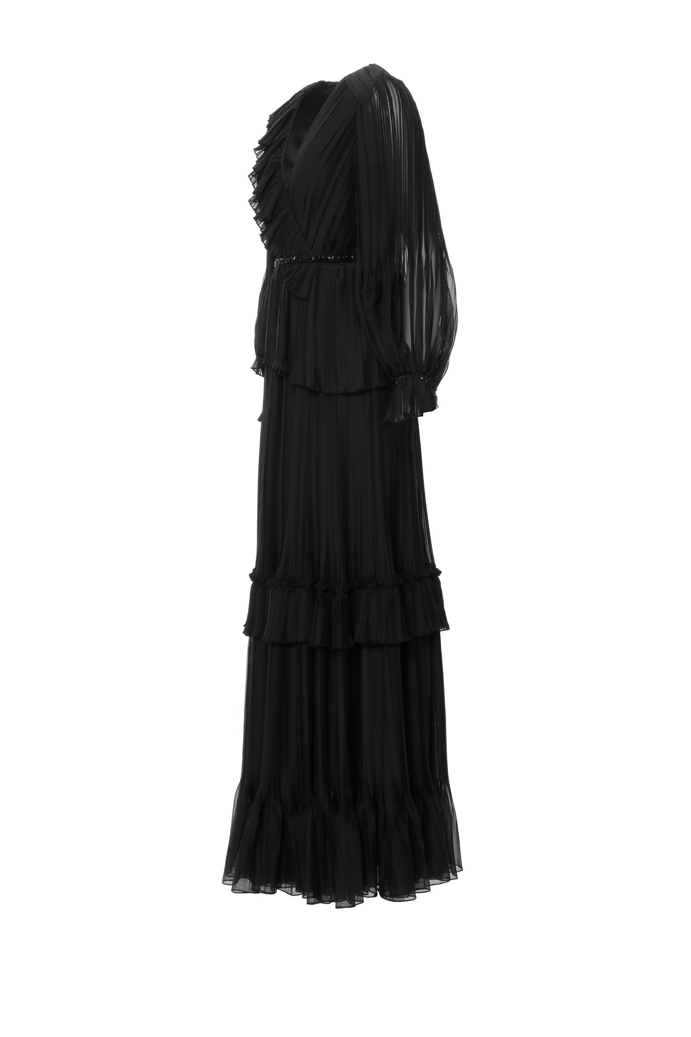 Piliseli V Yaka Uzun Siyah Elbise