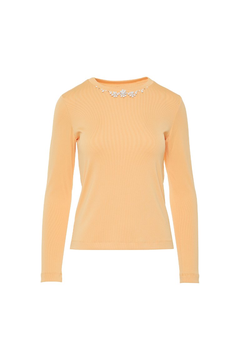 GIZIA SPORT - Long Sleeve Basic Salmon Color Tshirt With Embroidered Collar Detail