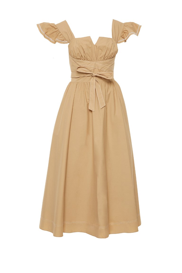 GIZIA - Beige Dress With Flounce Sleeves With Waist Binding Detail