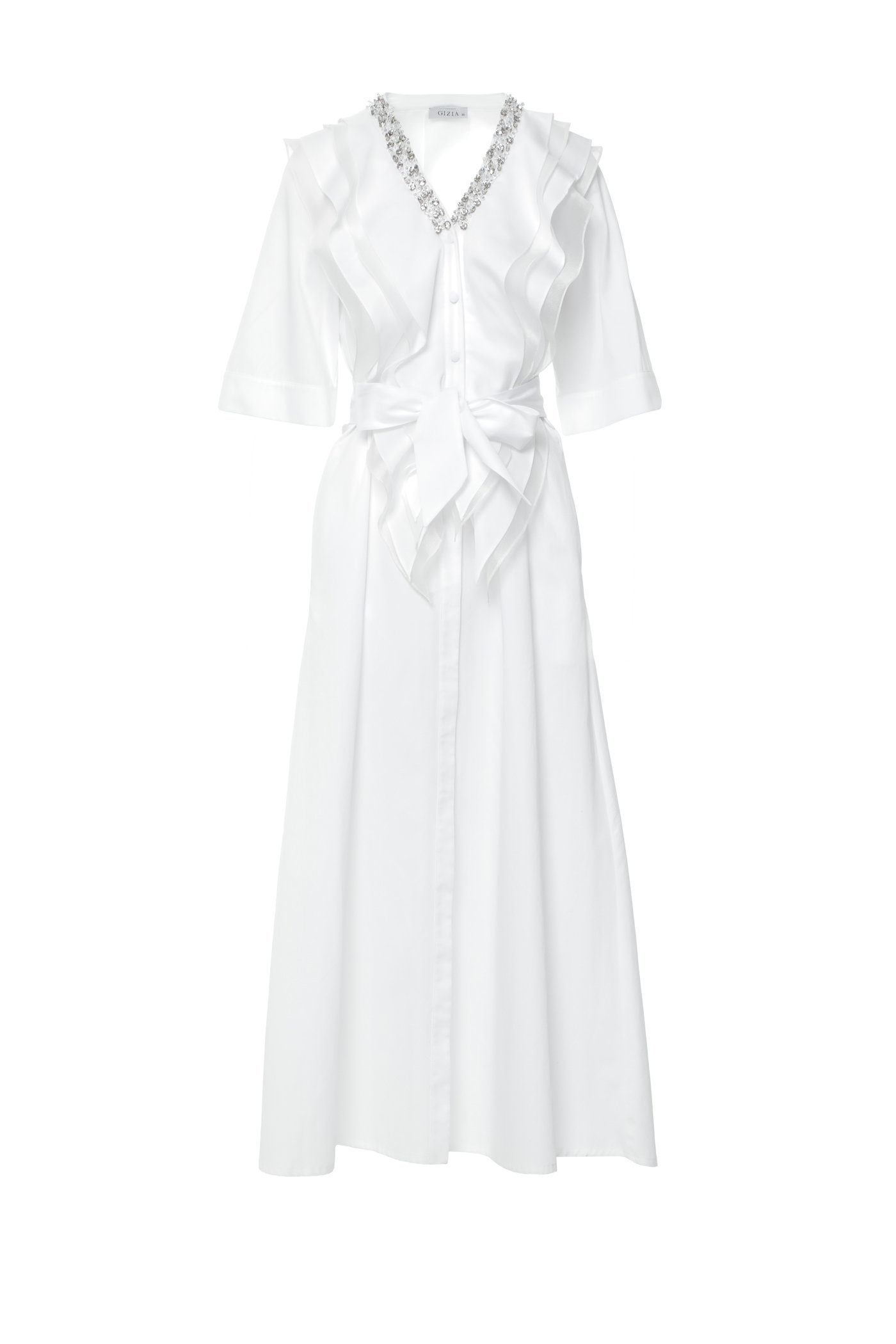 Taş Ve Belden Kuşak Bağlama Detaylı Uzun Beyaz Elbise - Gizia