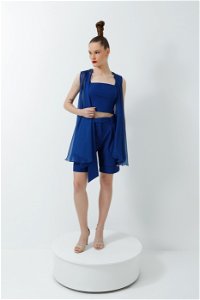 4G CLASSIC - 3-Piece Navy Linen Suit with a Crop Top and Double Leg Comfortable Cut Shorts with a Chiffon Vest