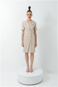 4G CLASSIC - Midi Length Short Sleeve Beige Jacket Dress With Double Breasted Closure