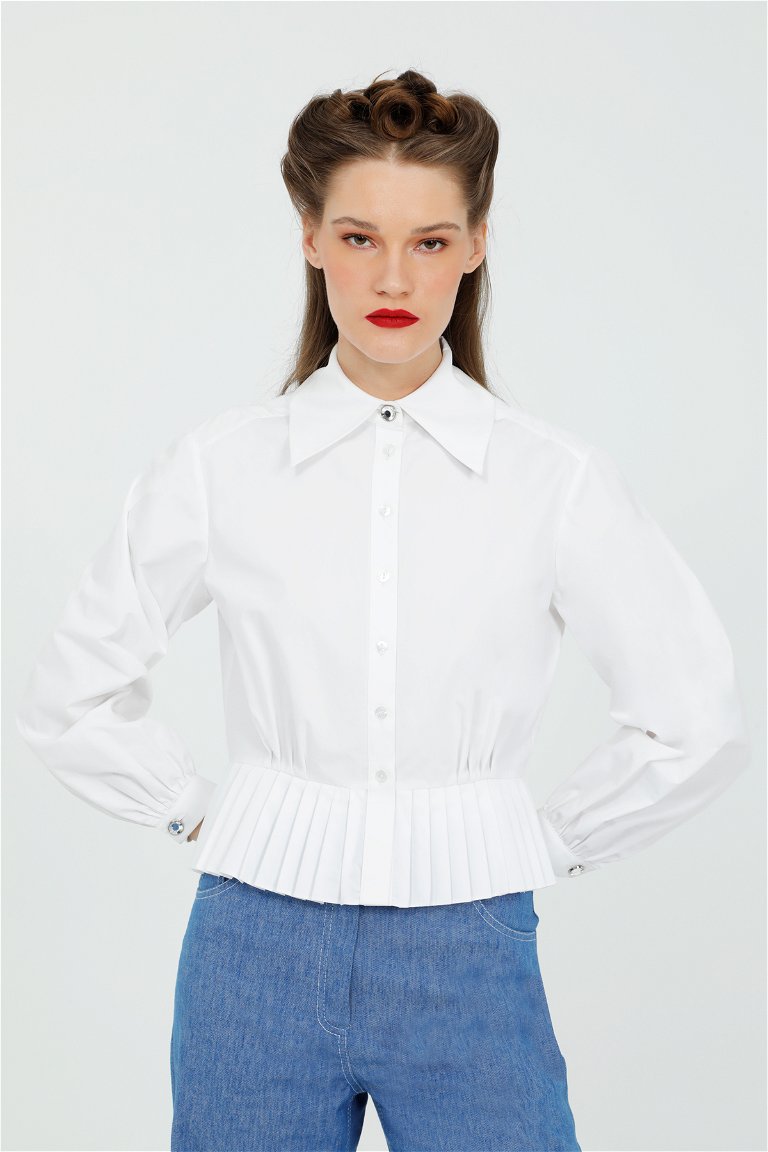 KIWE - White Shirt With Pleated Detail Crystal Buttons