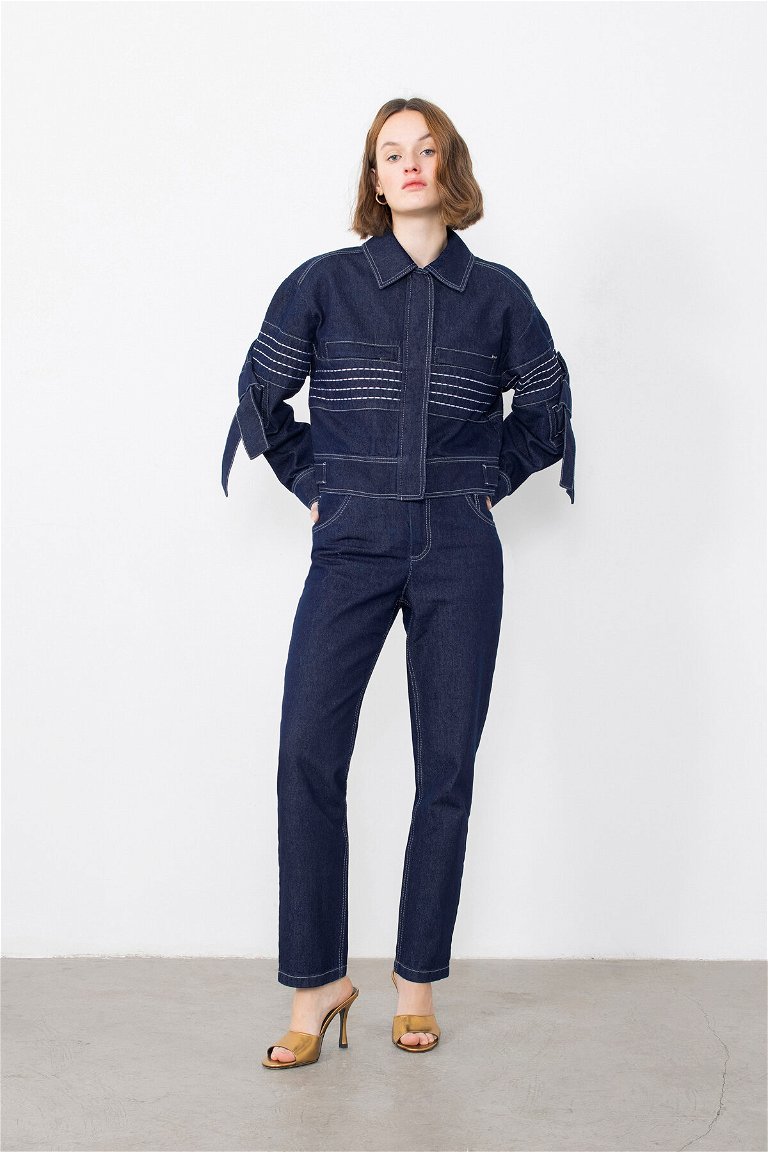 GIZIA - Jean Jacket with Binding Detail on Embroidered Sleeves