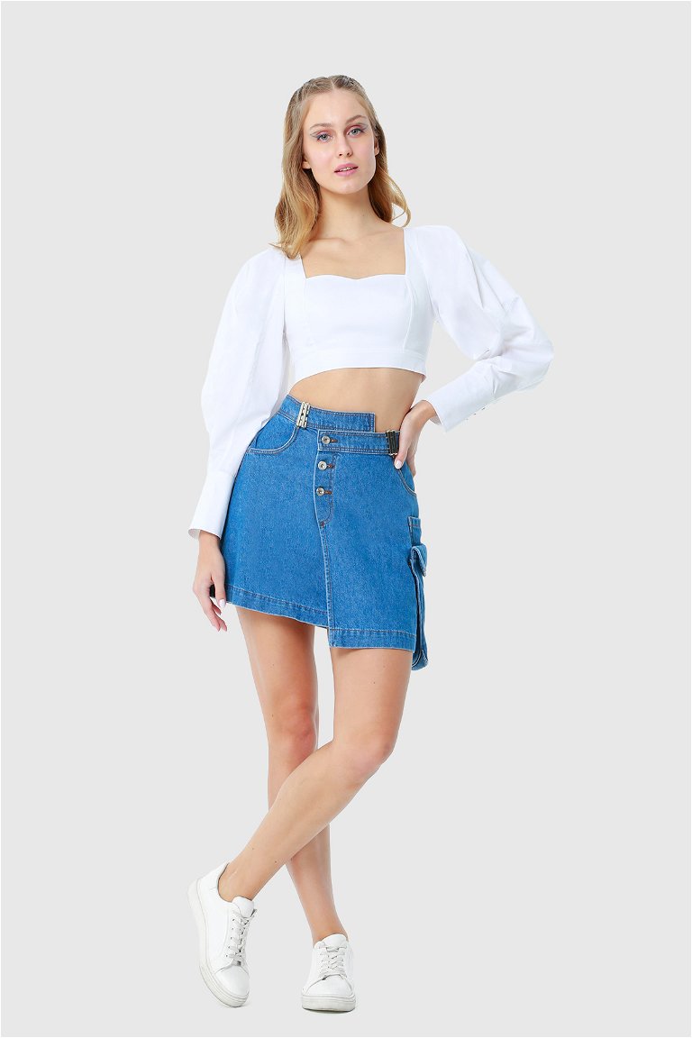 KIWE - Blue Mini Skirt With Asymmetric Double Breasted Closure Jetting Pocket Detail