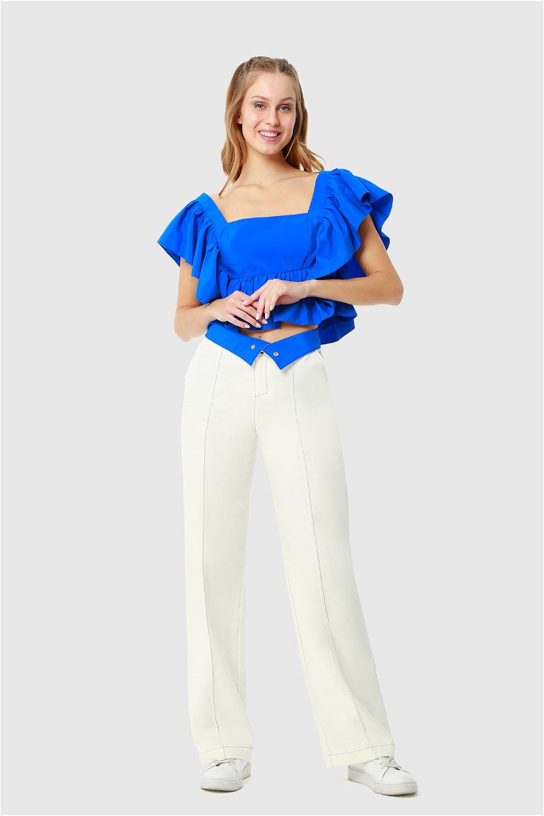 KIWE - Wide Leg Comfortable Ecru Trousers With Contrast Stitching