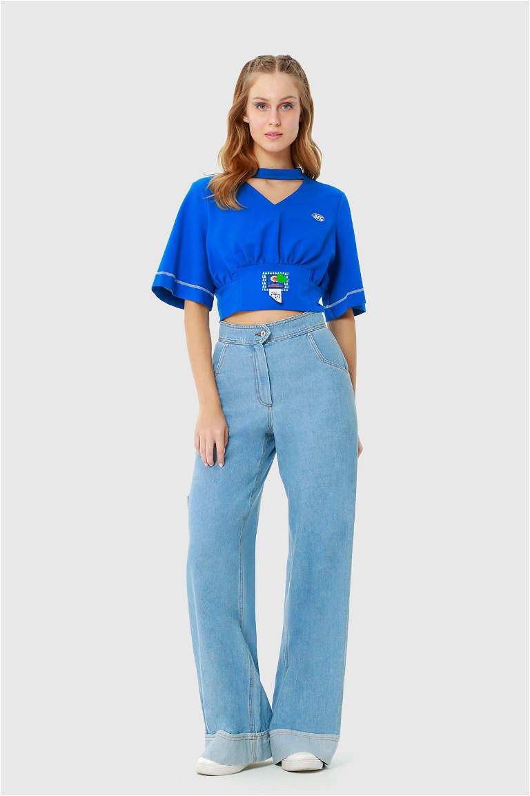 KIWE - Palazzo Denim Trousers With Cargo Pockets Double Leg And Transefer Print Detail