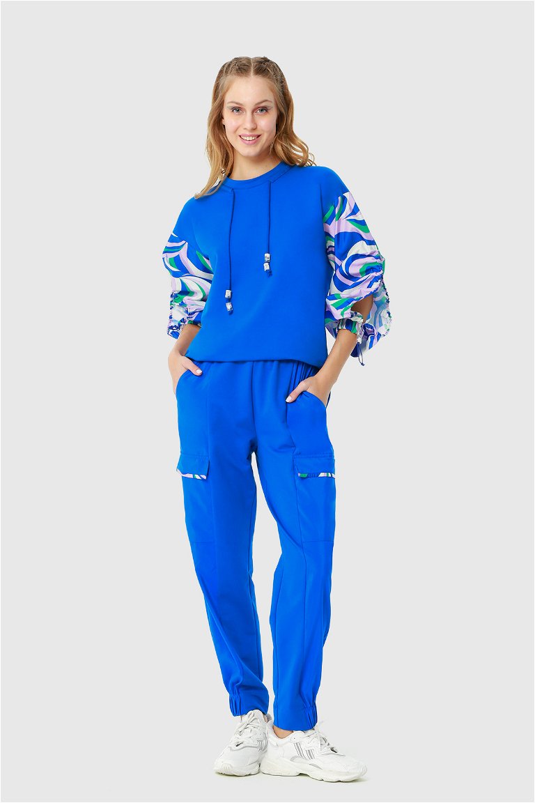 KIWE - Comfortable Cut Sweatshirt with Balloon Sleeves and Saxe Blue Tracksuit with Elastic Waist Pockets