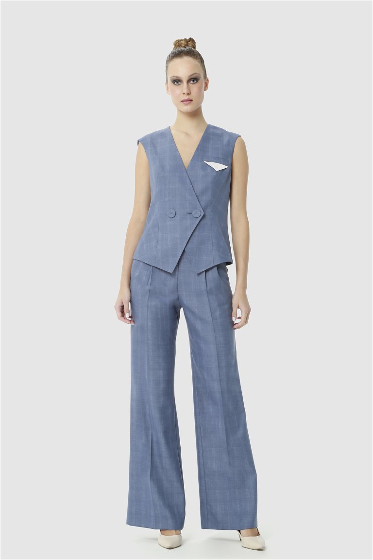 4G CLASSIC - Blue Suit With Collar Pocket Handkerchief Detail Vest And Palazzo Pants