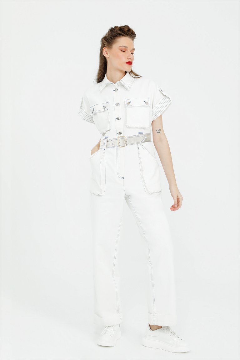 KIWE - أفارول جينز أبيض مريح مزين بأربع جيوب
