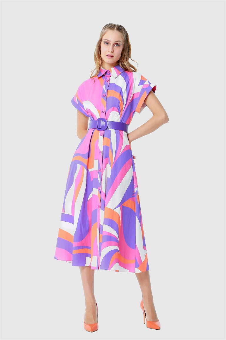 KIWE - Kontrast Renkli Kısa Kollu Maxi Deri Kemerli Peme Elbise