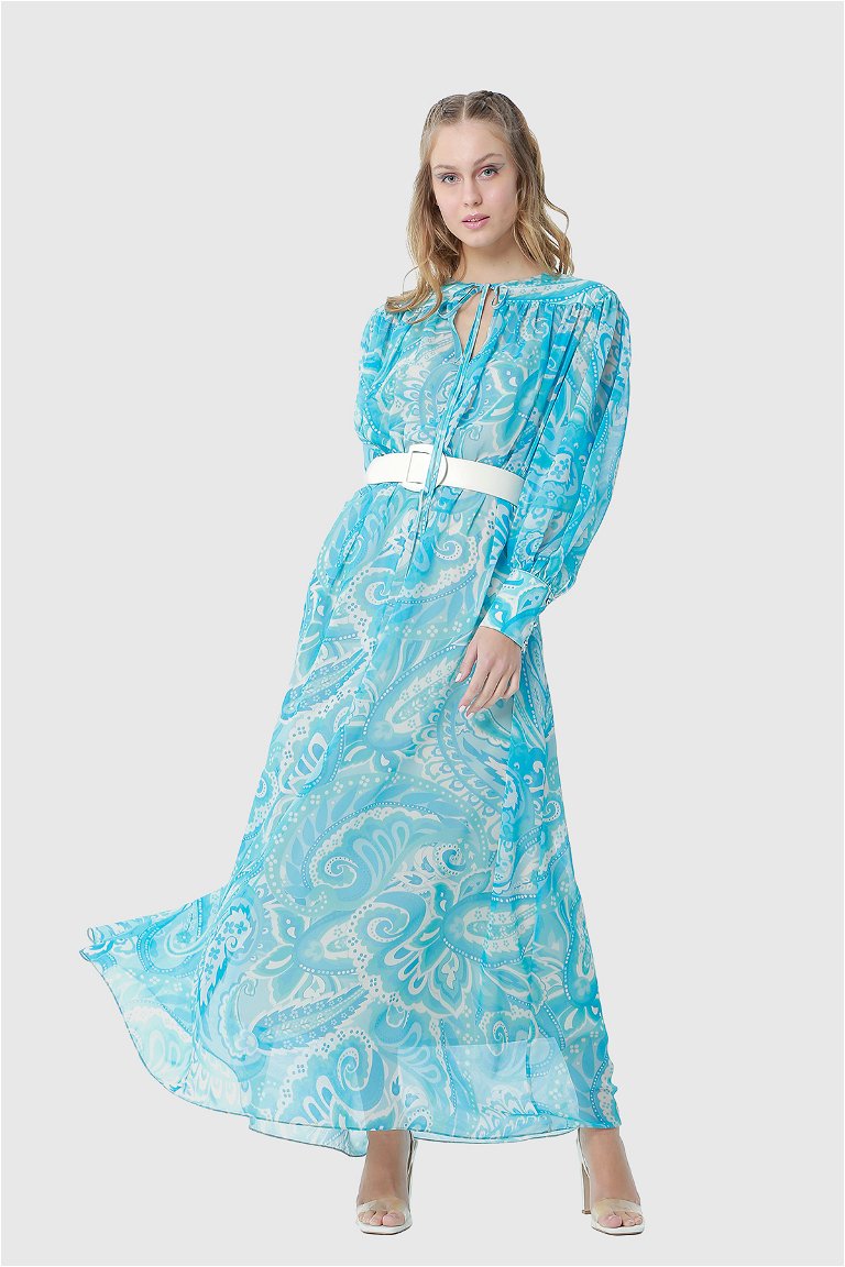 KIWE - Maxi Length Blue Chiffon Dress With Comfortable Cut Leather Belt With Shawl Pattern