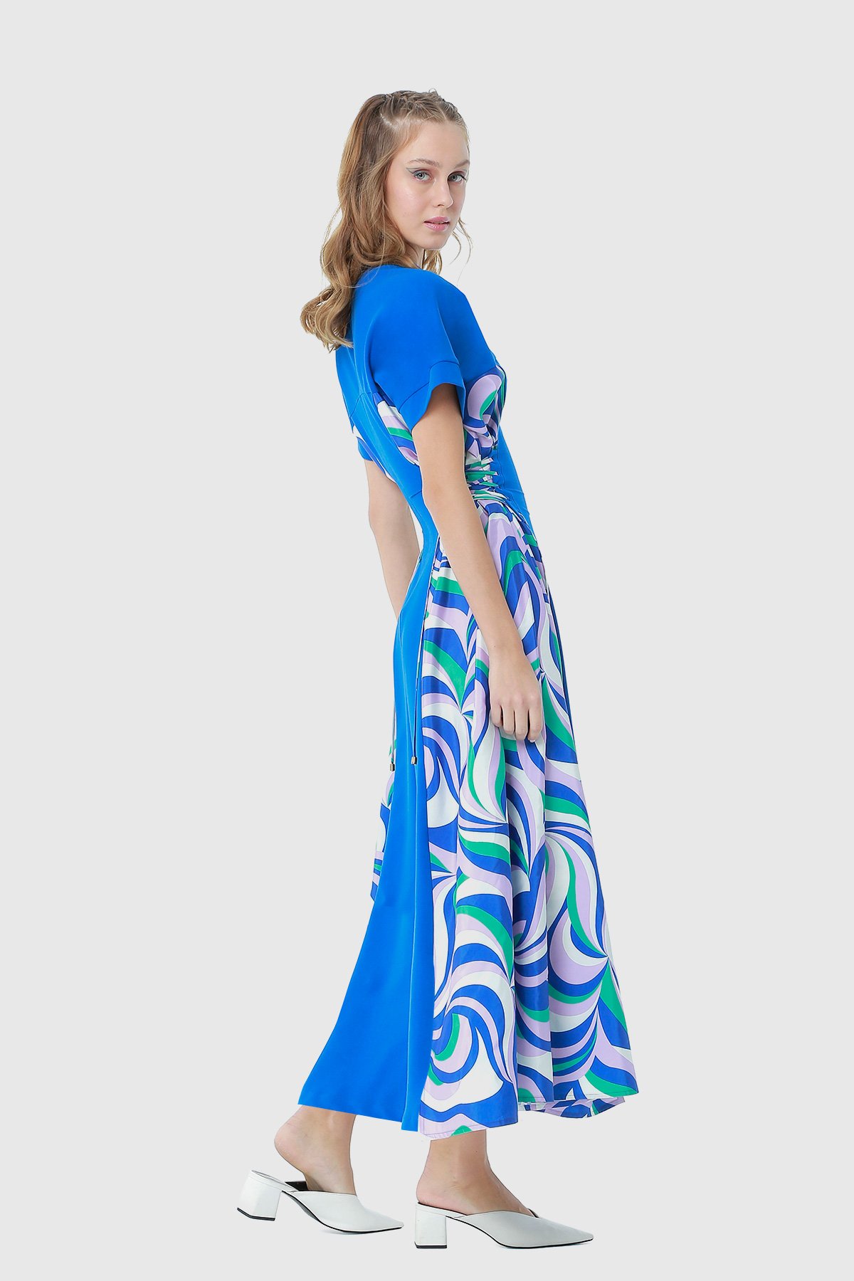 Kontrast Desenli Korse Görünümlü Tasarım Örme Saks Mavisi Elbise