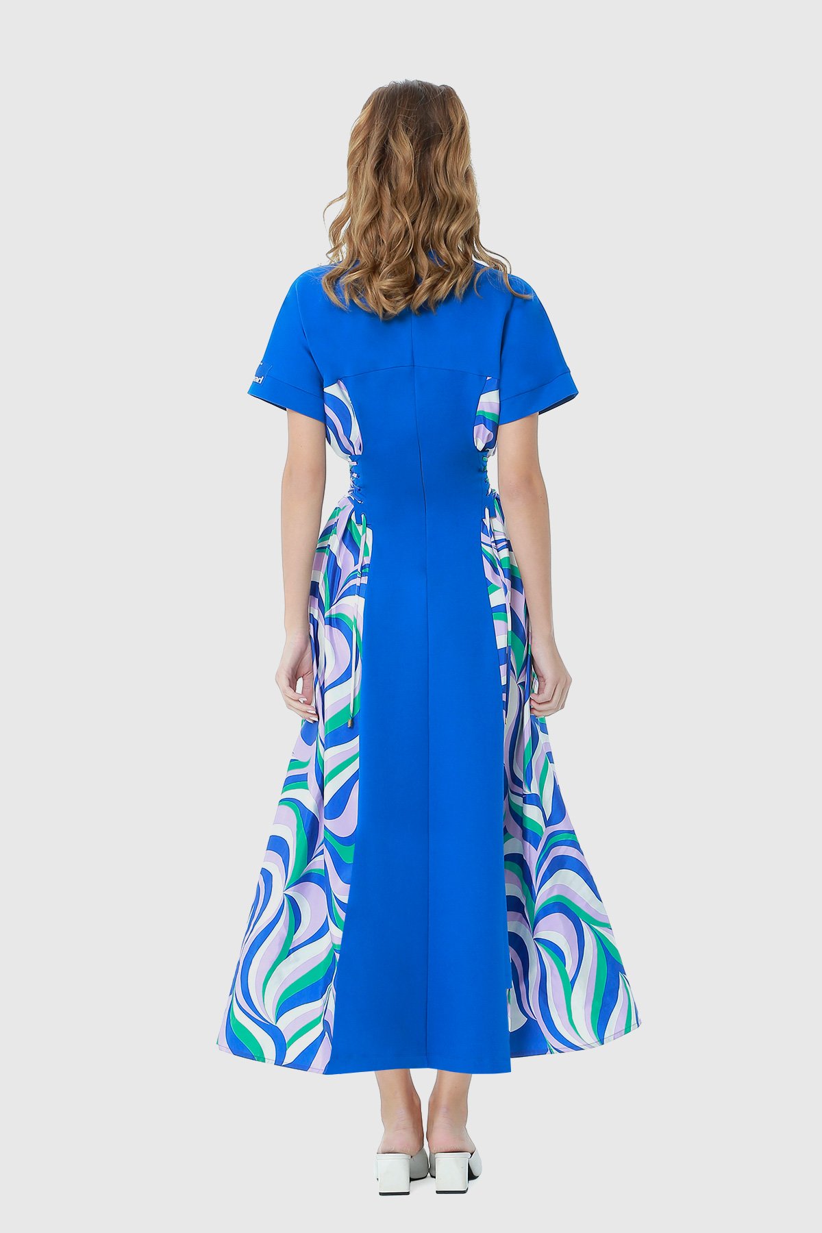Kontrast Desenli Korse Görünümlü Tasarım Örme Saks Mavisi Elbise