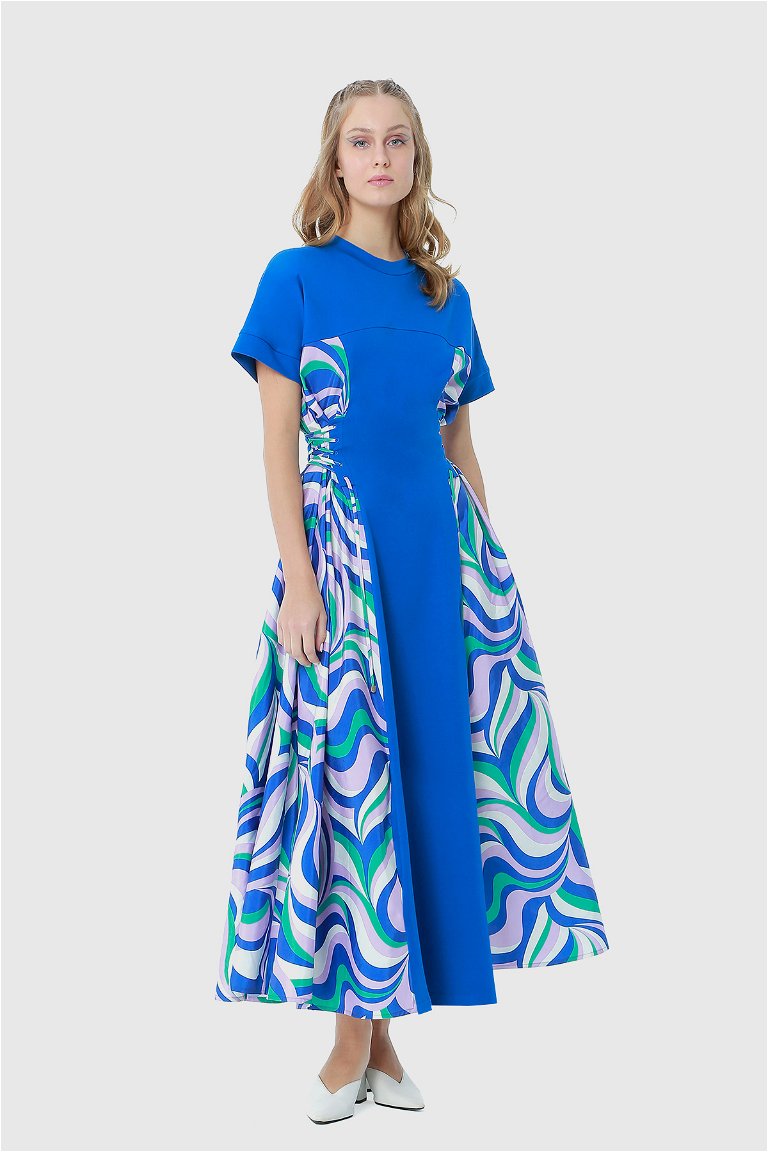 KIWE - Kontrast Desenli Korse Görünümlü Tasarım Örme Saks Mavisi Elbise