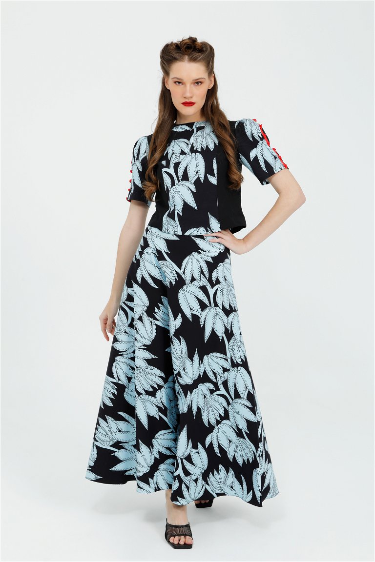 KIWE - Blue Suit with Sleeve Brit Button Detail Blouse and Flared Maxi Length Skirt