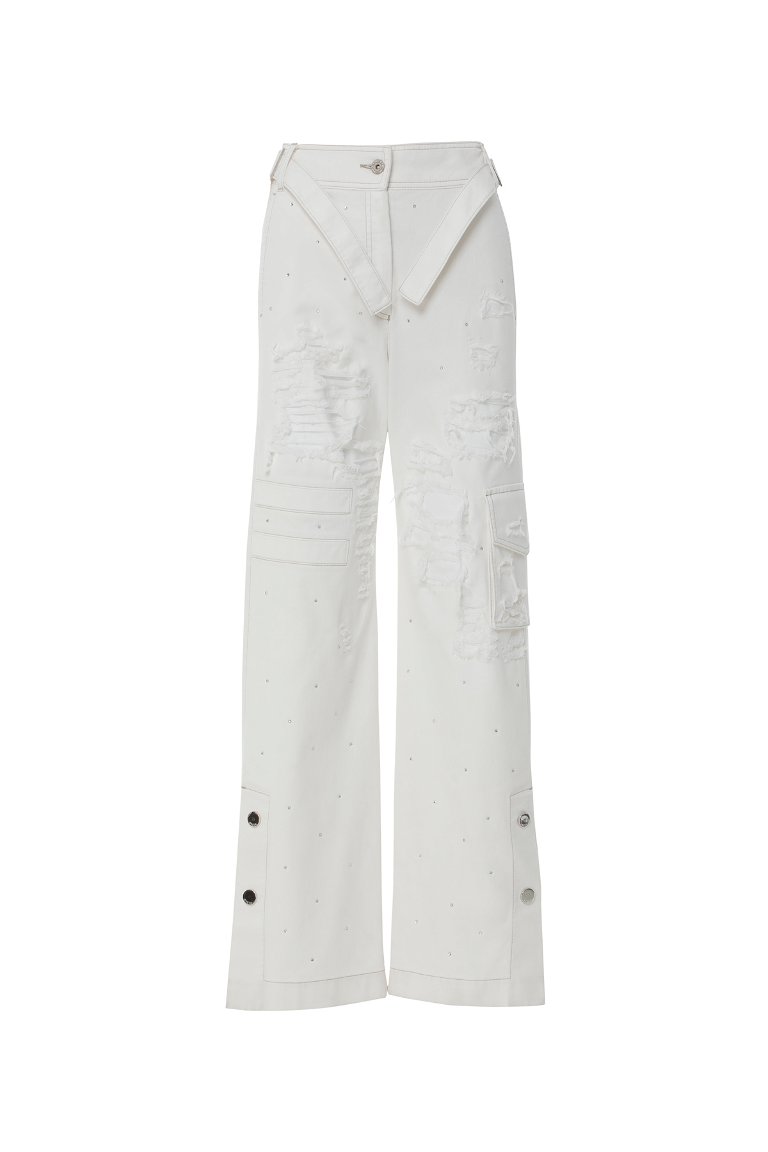 GIZIA - Toka Detaylı Yandan Bantlı Eskitme Efektli Taşlı Beyaz Jean Pantolon