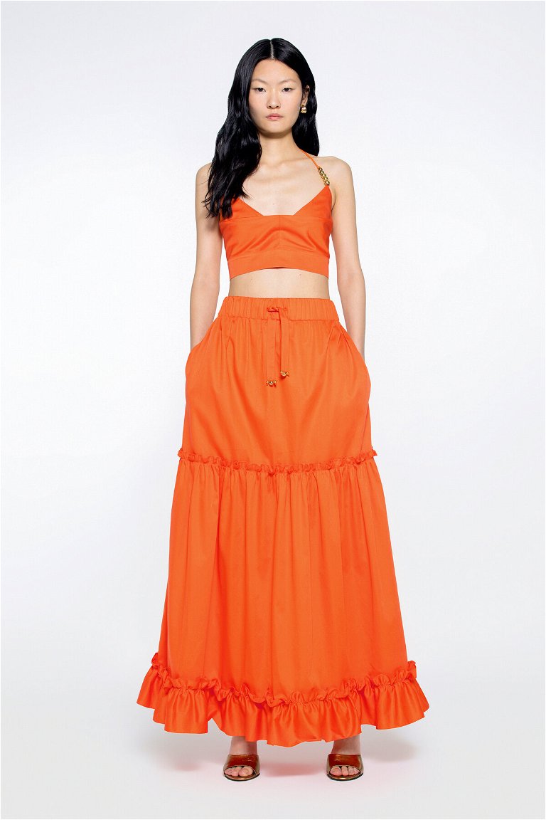 GIZIA SPORT - Long Orange Skirt With Ruffle Detail Lace-up Embroidered Waist Elastic