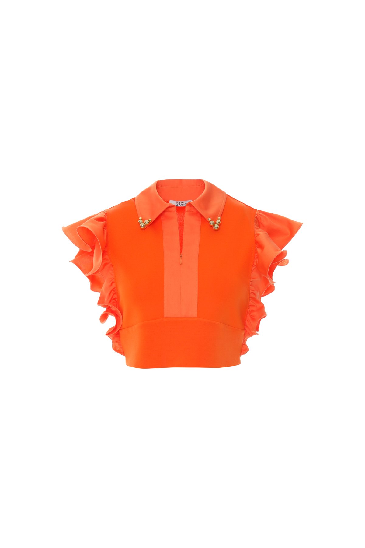 Volan Kol Detaylı Yaka Ucu İşlemeli Ön Pat Gizli Fermuarlı Oranj Crop Bluz