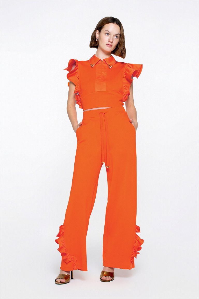 GIZIA SPORT - Orange Crop Blouse With Flywheel Sleeve Detail Embroidered Hidden Zipper