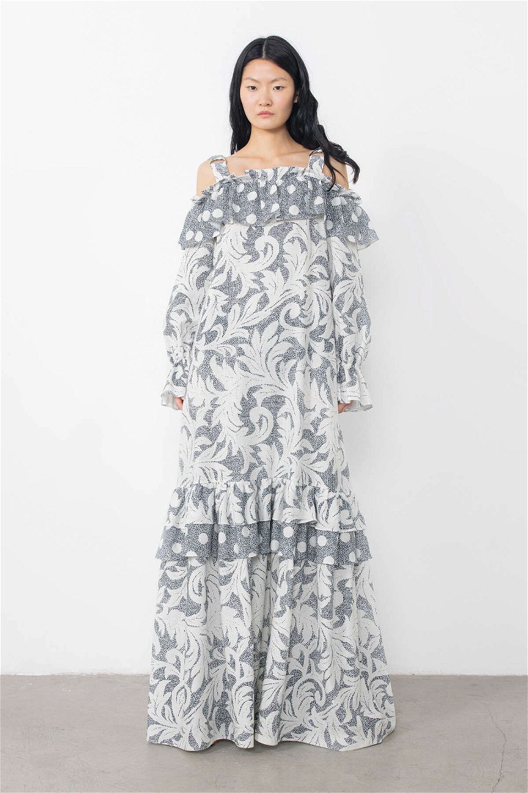 GIZIA - Askılı Volan Detaylı Desenli Lacivert Elbise