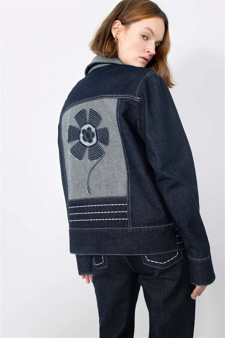 GIZIA - Stitching And Floral Embroidery Jean Jacket
