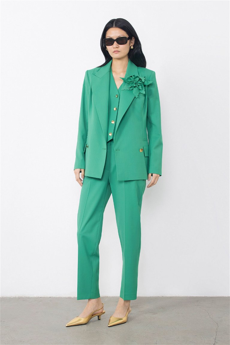 GIZIA - Green Jacket With Flower Brooch Gold Button Detail