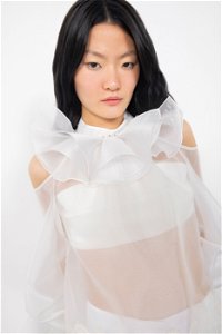 GIZIA - Transparent Ecru Blouse With Lace Accessories With Low Neckline On the Shoulder