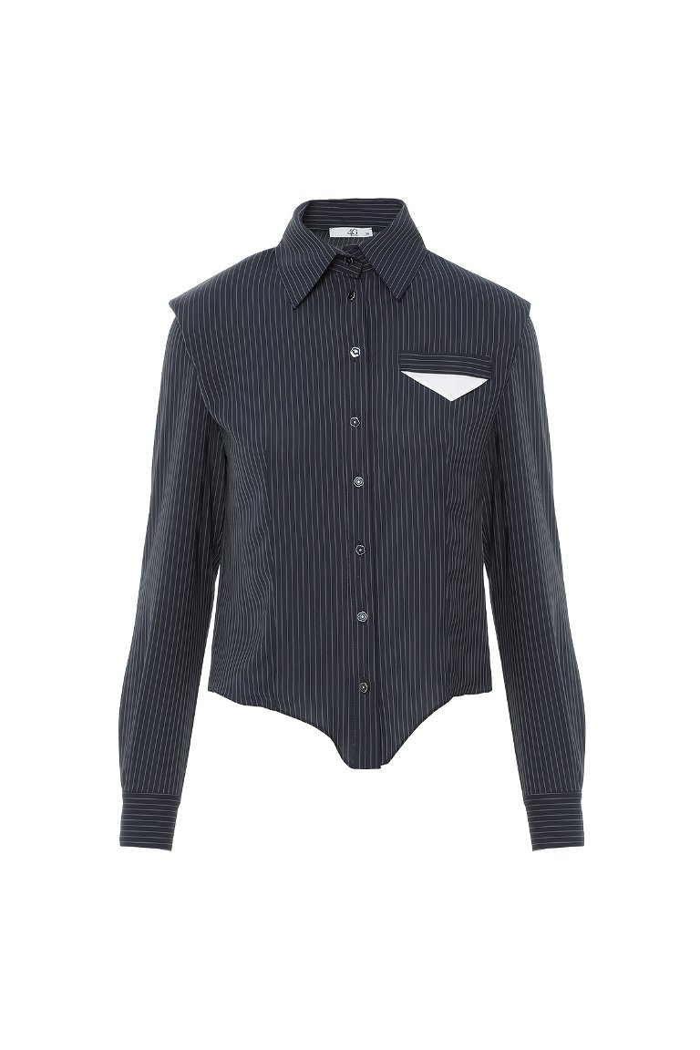 4G CLASSIC - Striped Pocket Handkerchief Detailed Navy Blouse With Wadding
