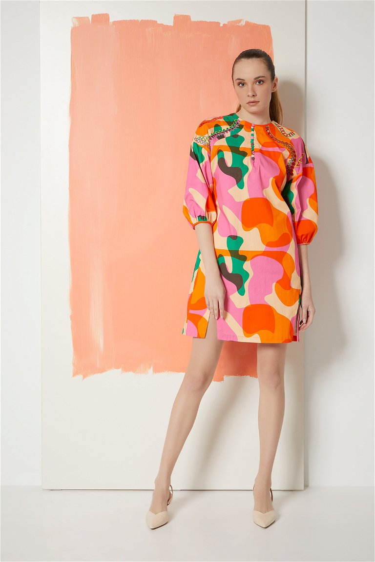 MANI MANI - Poplin Fuchsia Dress With Embroidery Detail Box Form Pattern