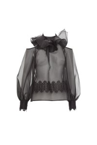 GIZIA - Omuz Dekolteli Dantel Aksesuarlı Transparan Siyah Bluz