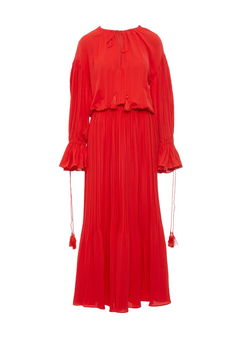 GIZIAGATE - Püskül Ve Kordon Aksesuarlı Piliseli Kırmızı Elbise