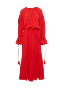 GIZIAGATE - Püskül Ve Kordon Aksesuarlı Piliseli Uzun Kırmızı Elbise