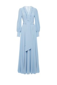 GIZIA - Yaka İşleme Detaylı Kuşaklı Piliseli Uzun Mavi Elbise